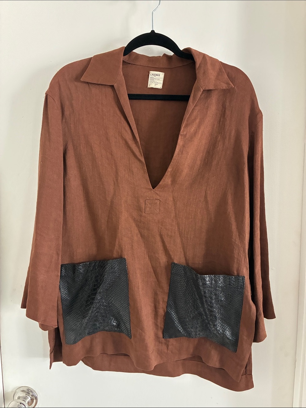 L’agence Collared V-Neck Tunic Top with Contrast leather Pockets - Brown